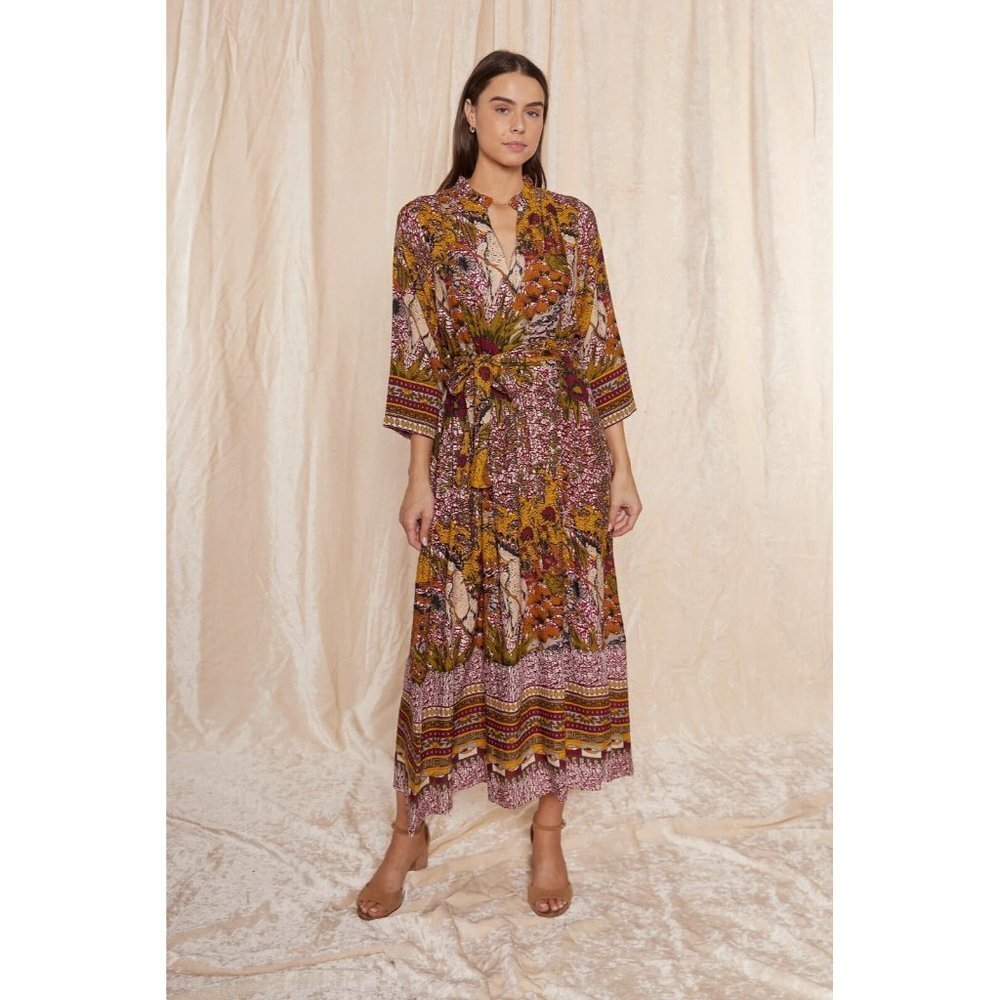 RAGA Womans Fleri Maxi Dress Tasseled Tied Neck 3/4 Sleeve Multicolor Size M